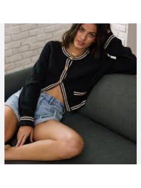 American Eagle Cropped Black Cardigan with Stripe Trim